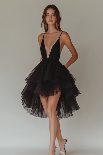 Ruffled Tulle Tiered Little Black Dress